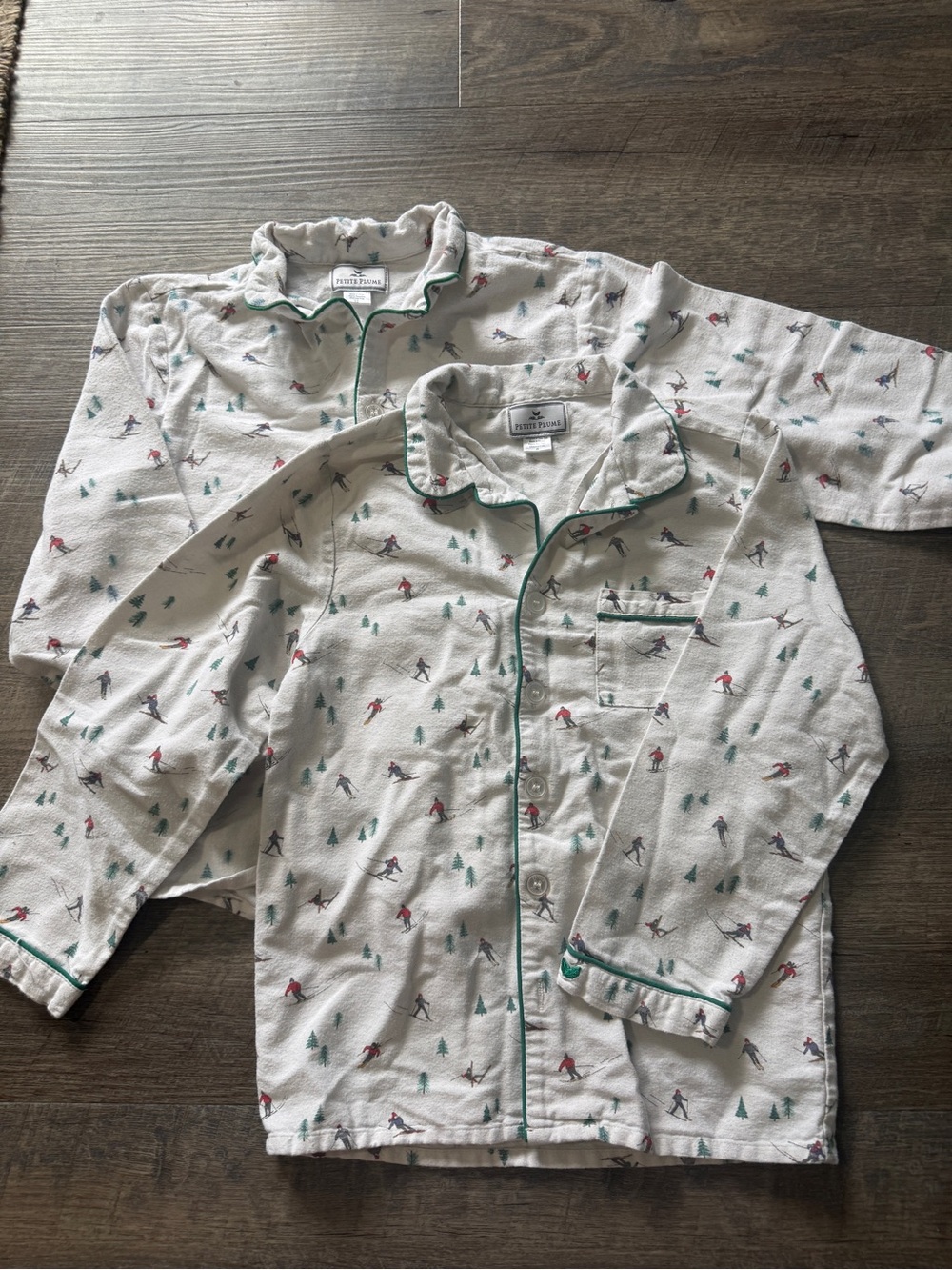 Children's White Ski-Print Pajama Top with Green Piping